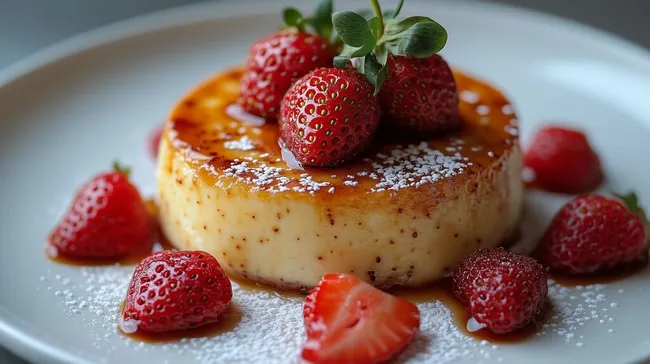 Perfekt karamellisierte Crema Catalana mit frischen Erdbeeren