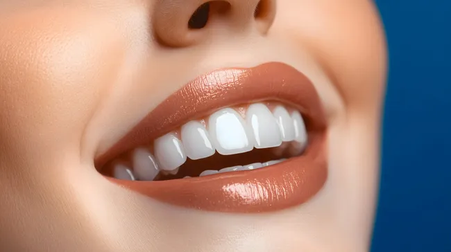 Perfektes Lächeln mit weißen Zähnen und glänzenden Lippen