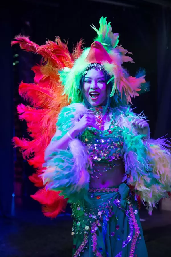 Performer in red/green at the Robot Restaurant in Shinjuku, Tokyo