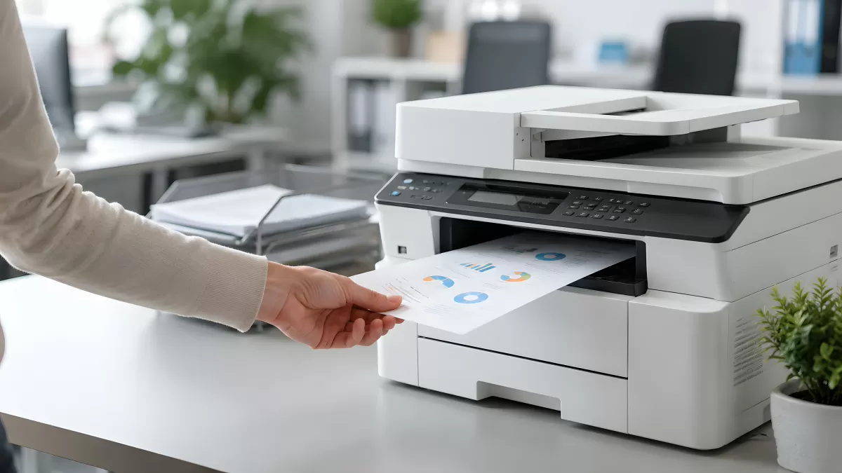 Person entnimmt bedrucktes Dokument aus Bürodrucker