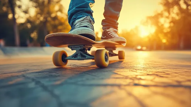 Person fährt Skateboard im Sonnenuntergang