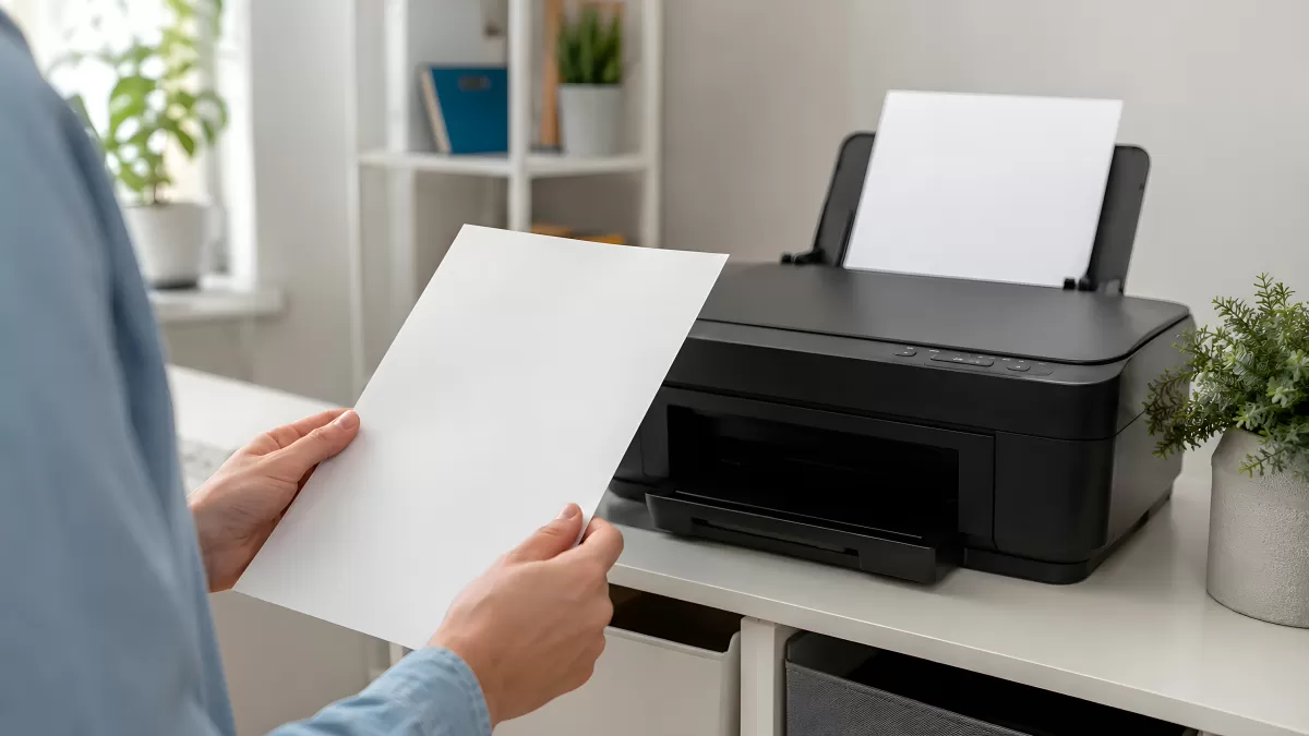 Person hält Papier neben schwarzem Drucker im Büro