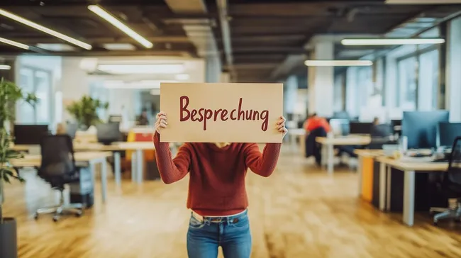 Person hält Schild mit Aufschrift 'Besprechung' im Büroumfeld