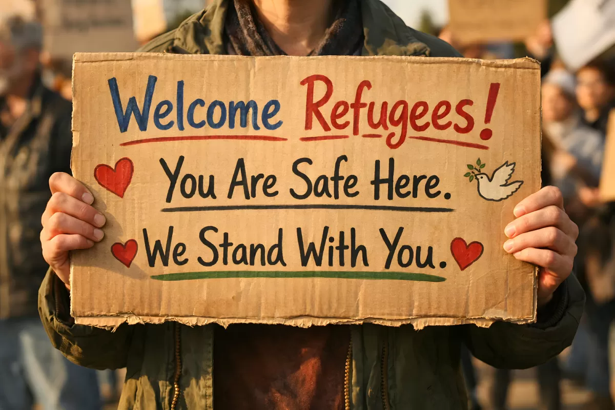 Person hält Willkommensschild für Geflüchtete bei Demo