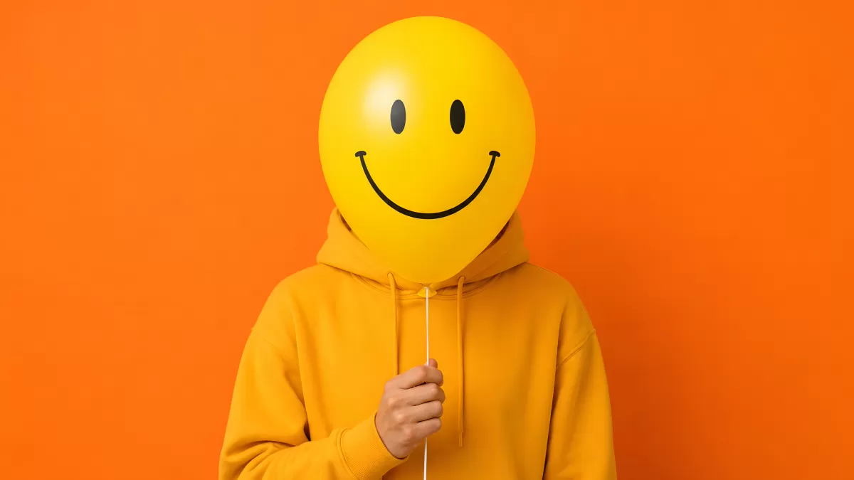 Person mit gelbem Smiley-Ballon vor orangem Hintergrund