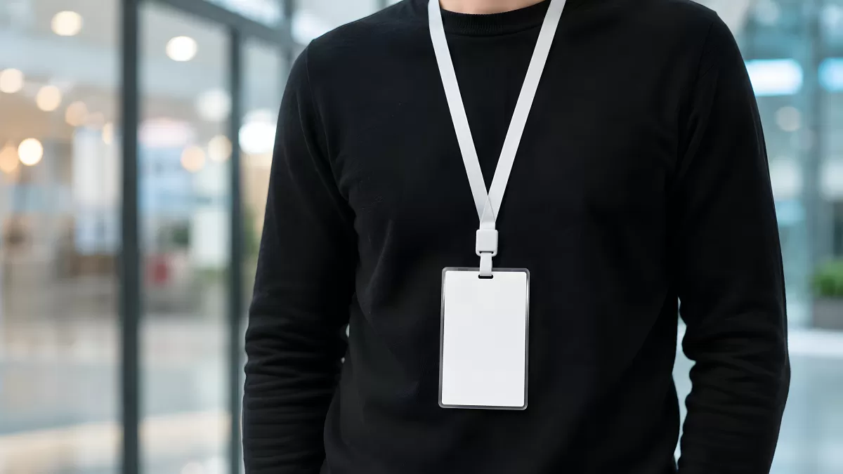 Person mit weißem Namensschild an Lanyard im Büro