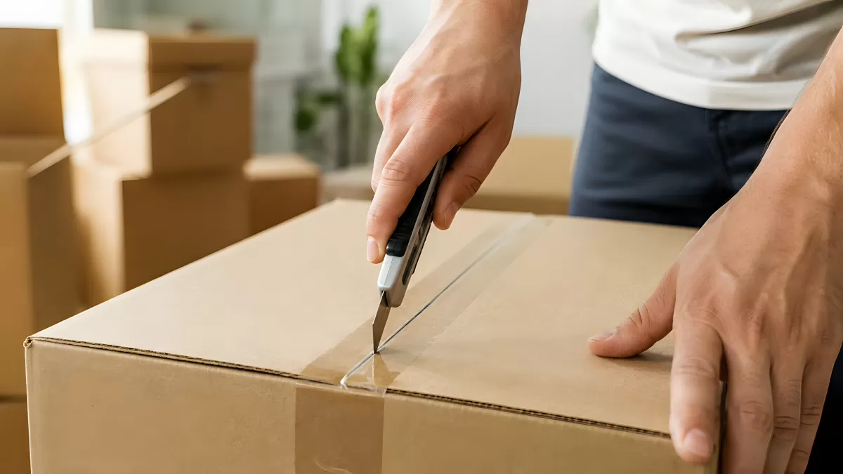 Person öffnet Umzugskarton mit Cuttermesser