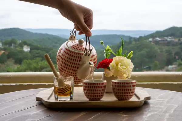 Person pouring Hot Green Tea from a Tea Pot into two Small Ceramic Cups on a Wooden Tray with Honey and Flowers with Mountain View in the Background