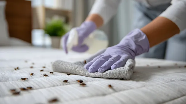 Pest-Bekämpfung in der Wohnung mit Schutzhandschuhen