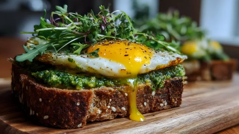 Pesto Brot mit Spiegelei und Rucola auf Holzbrett angerichtet