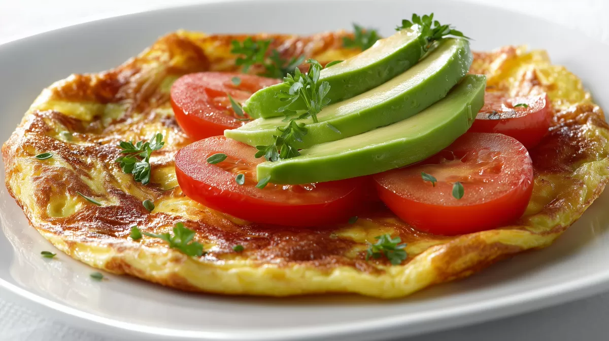 Pfannkuchen mit Tomate und Avocado auf Teller