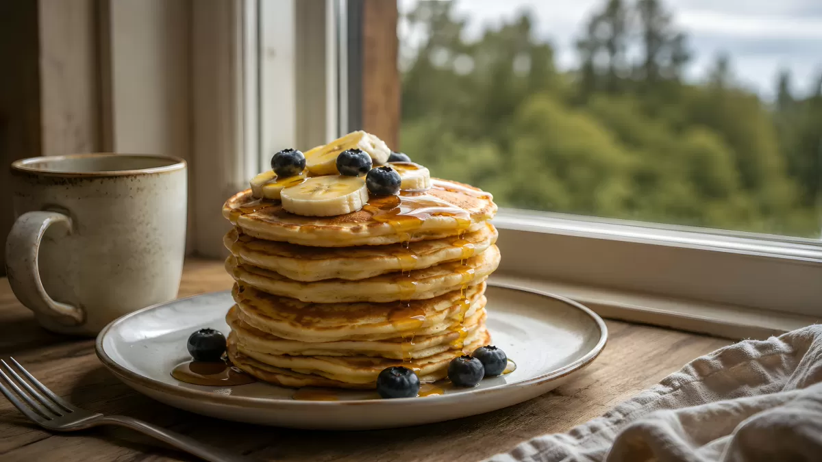 Pfannkuchen-Stapel mit Banane, Blaubeeren und Ahornsirup