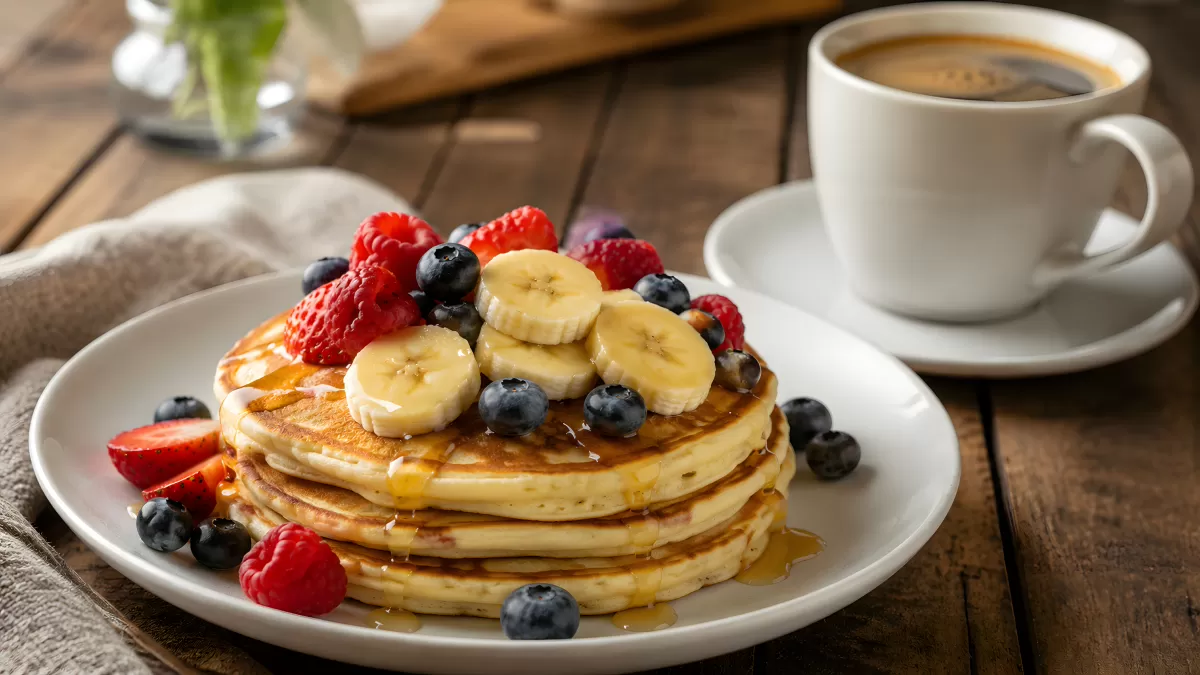 Pfannkuchen-Stapel mit Beeren, Banane und Ahornsirup