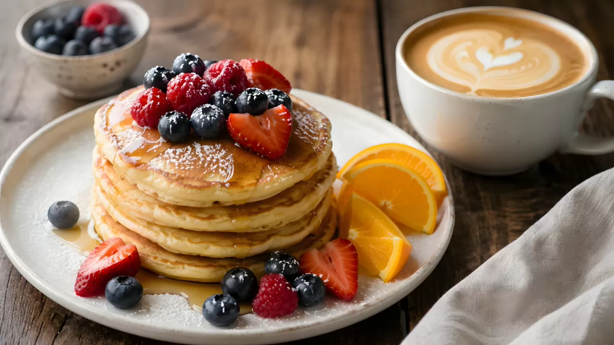 Pfannkuchen-Stapel mit Beeren und Latte Macchiato