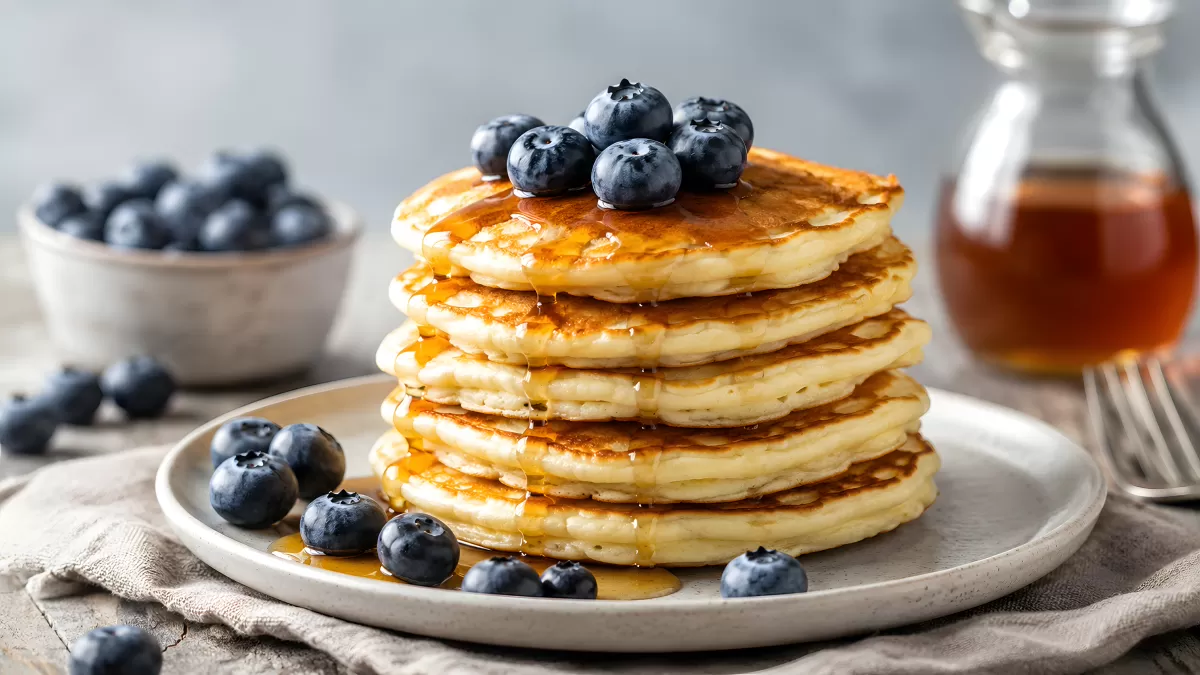 Pfannkuchen-Stapel mit Blaubeeren und Ahornsirup