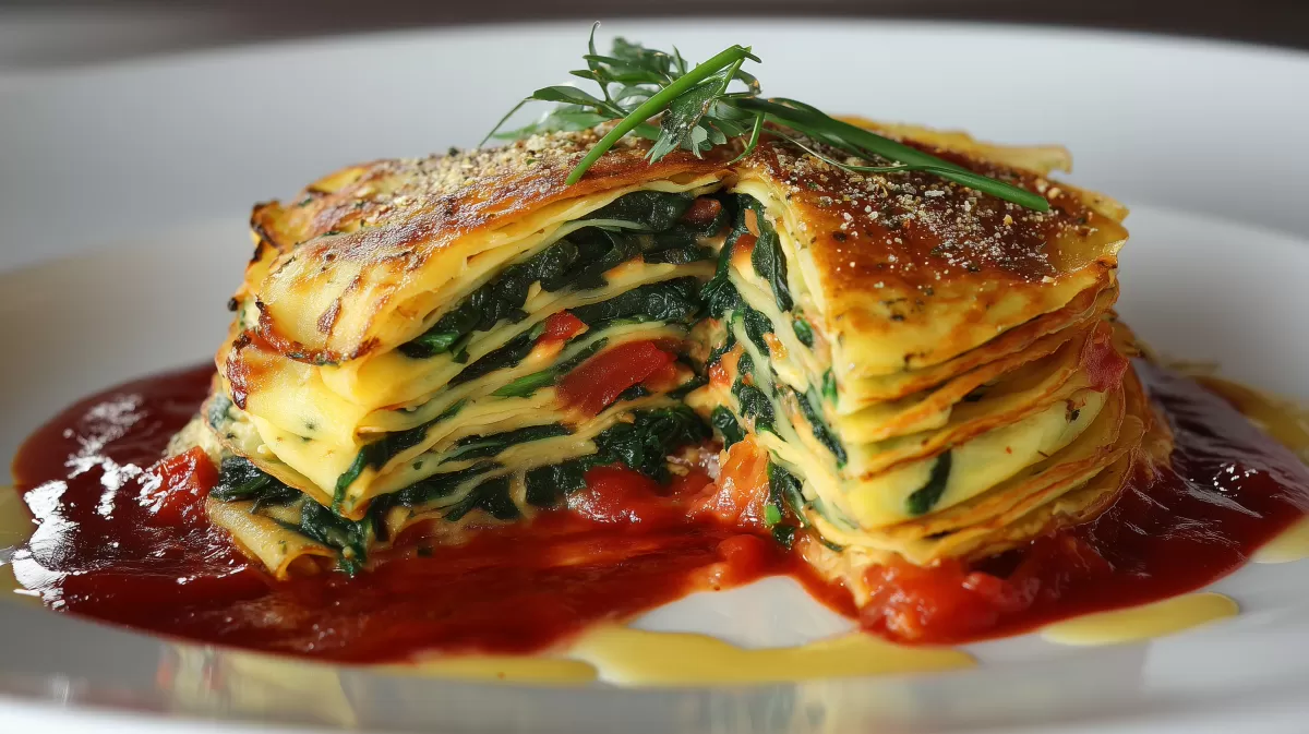 Pfannkuchen Torte mit Spinat und Käse auf Tomatensauce