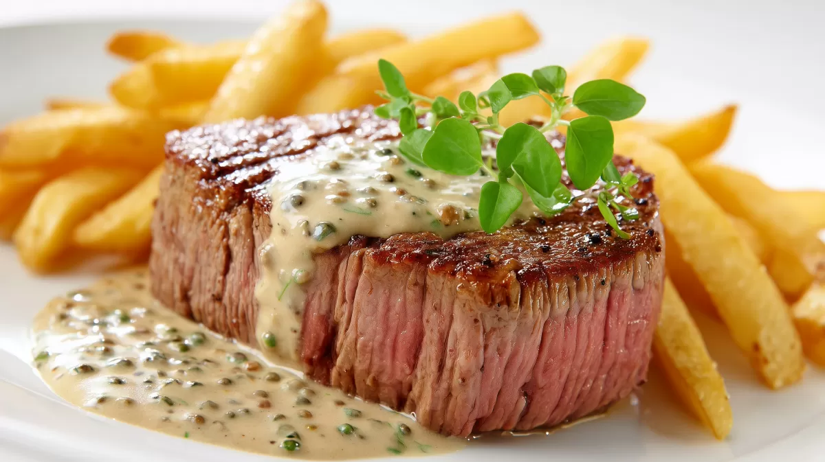 Pfeffersteak mit grünem Pfeffer und Pommes frites