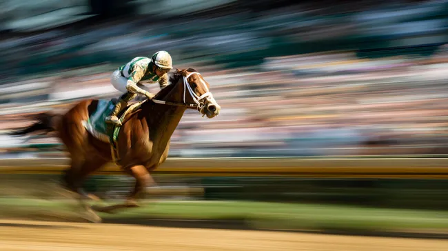 Pferd und Jockey im Pferderennen voller Geschwindigkeit