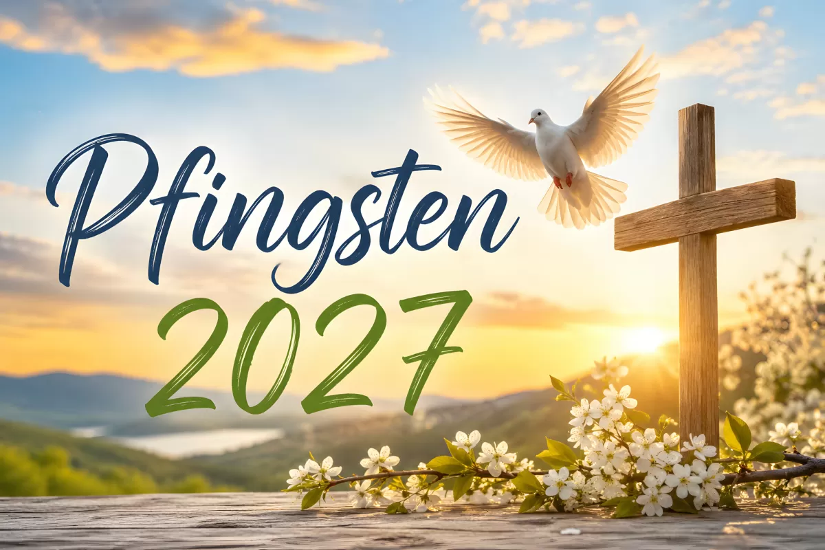 Pfingsten 2027 mit Taube, Holzkreuz und Frühlingsblüten