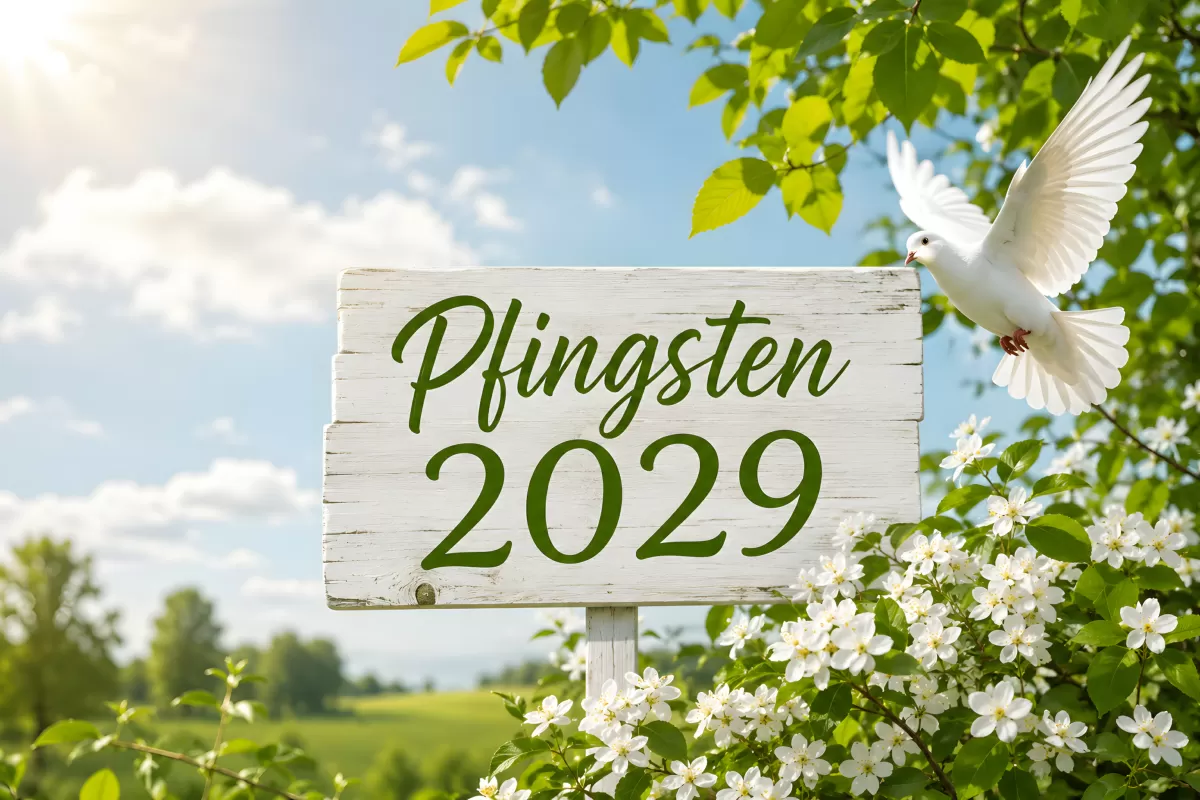 Pfingsten 2029 Schild mit Taube und Frühlingsblüten