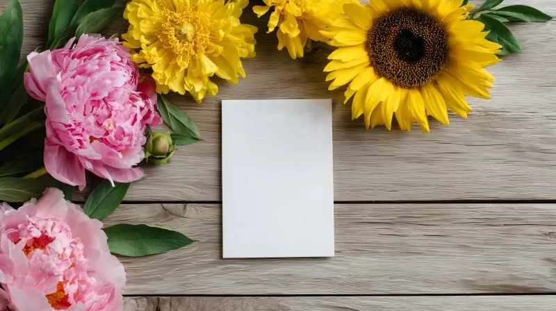Pfingstgrußkarte mit Sonnenblume und Pfingstrosen auf Holz