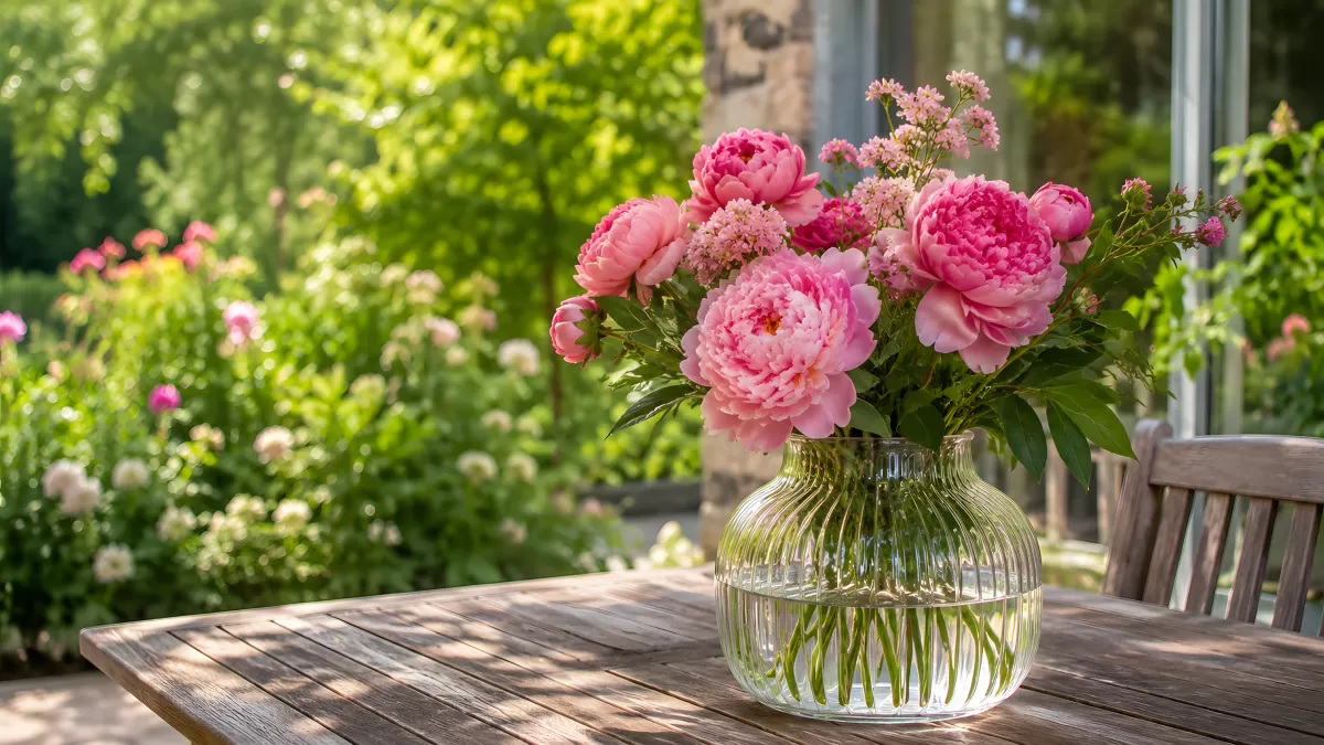 Pfingstrosen in Glasvase auf Gartentisch im Sommer