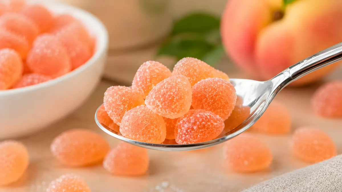 Pfirsich-Fruchtgummis auf einem Silberlöffel