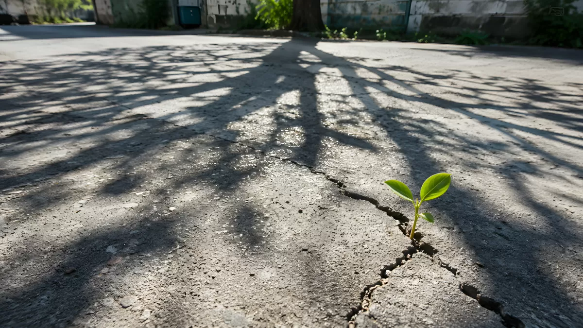 Pflänzchen wächst durch Asphalt-Riss im Sonnenlicht