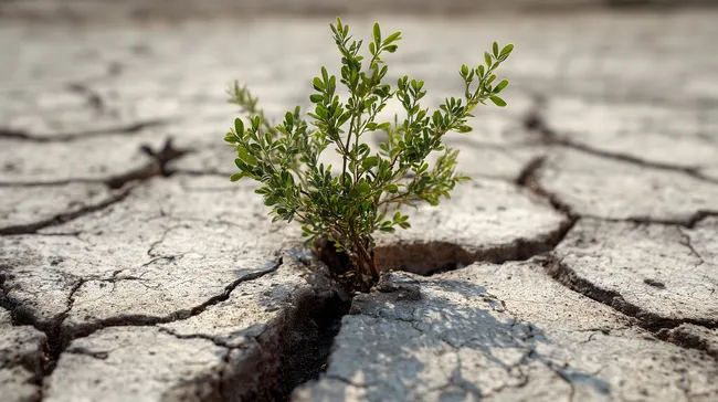 Pflanze wächst aus trockener, rissiger Erde als Hoffnungssymbol