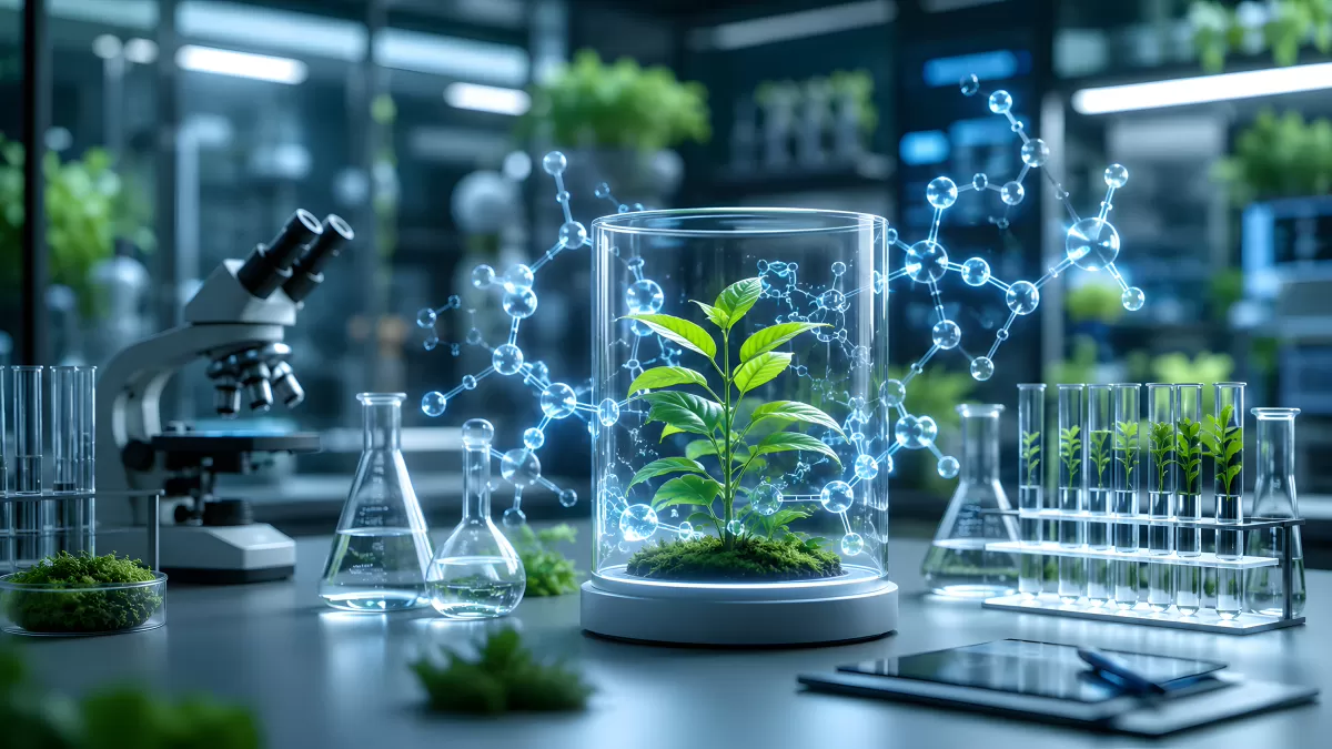 Pflanzensetzling im Hightech-Labor mit Molekülstruktur