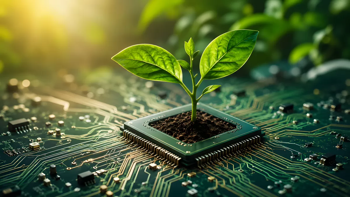 Pflanzensetzling wächst aus Computerchip auf Platine