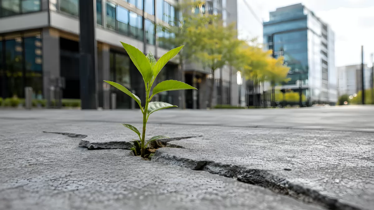 Pflanzentrieb wächst durch Asphalt in der Stadt