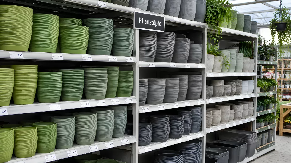 Pflanztöpfe in Grün und Grau im Gartenmarkt