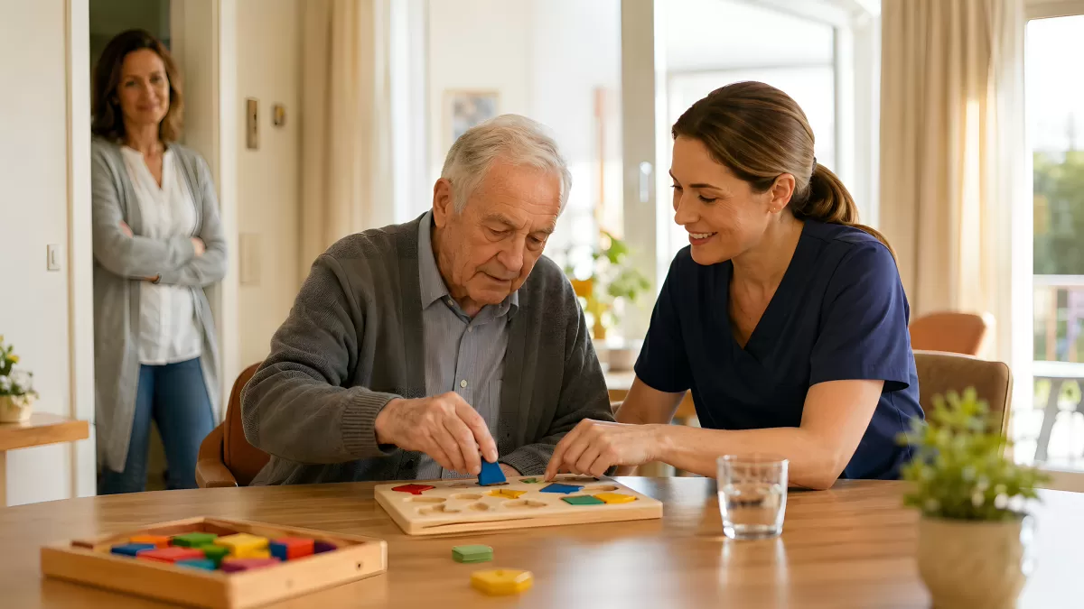 Pflegerin begleitet Senior beim Formen-Puzzle zuhause