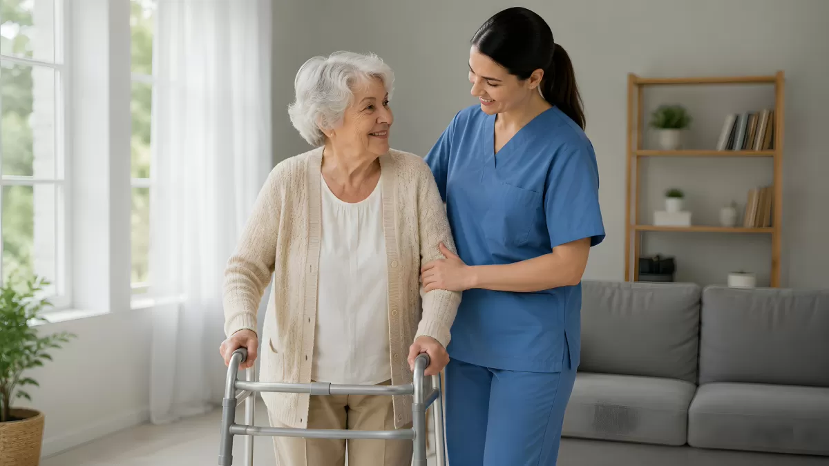 Pflegerin begleitet Seniorin mit Rollator im Wohnzimmer