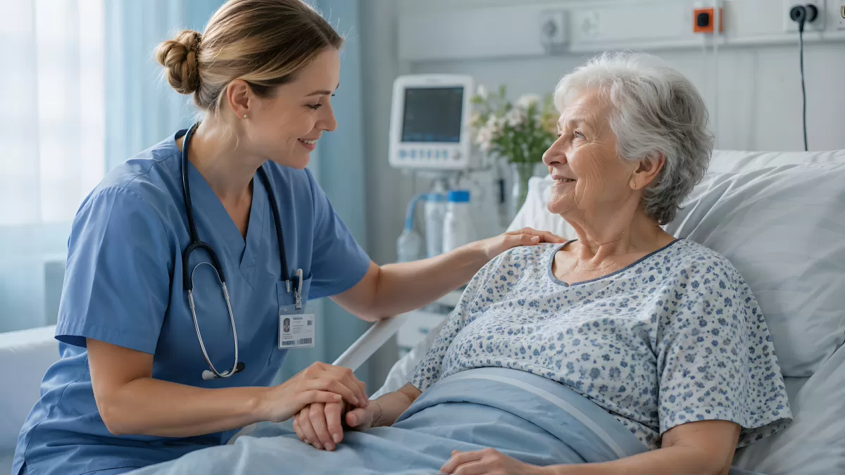 Pflegerin hält Hand einer Seniorin im Spital