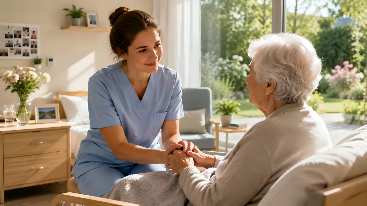 Pflegerin hält Hand von Seniorin im Pflegeheim
