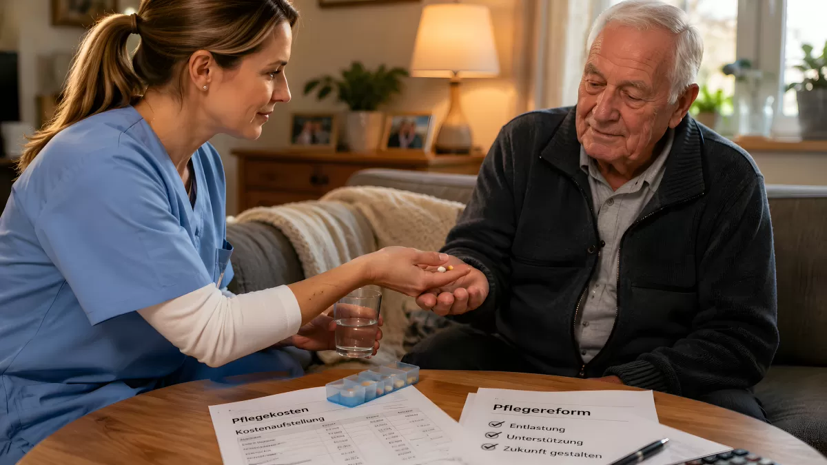 Pflegerin reicht Senior Medikamente mit Wasser