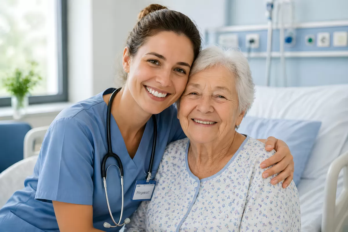 Pflegerin umarmt ältere Patientin im Krankenhaus