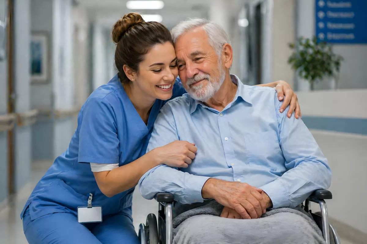 Pflegerin umarmt älteren Patienten im Rollstuhl