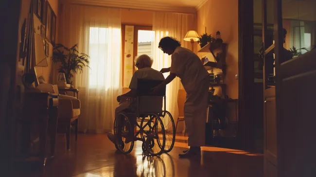 Pflegerin unterstützt ältere Frau im Rollstuhl