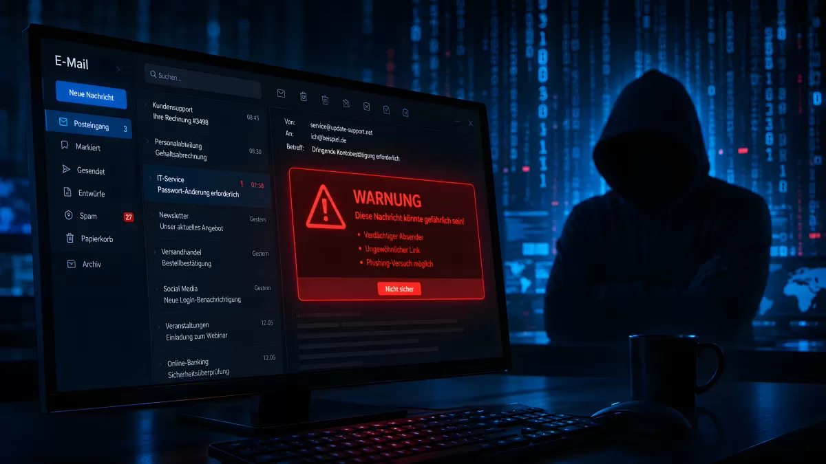 Phishing-Warnung im E-Mail-Postfach am Bildschirm