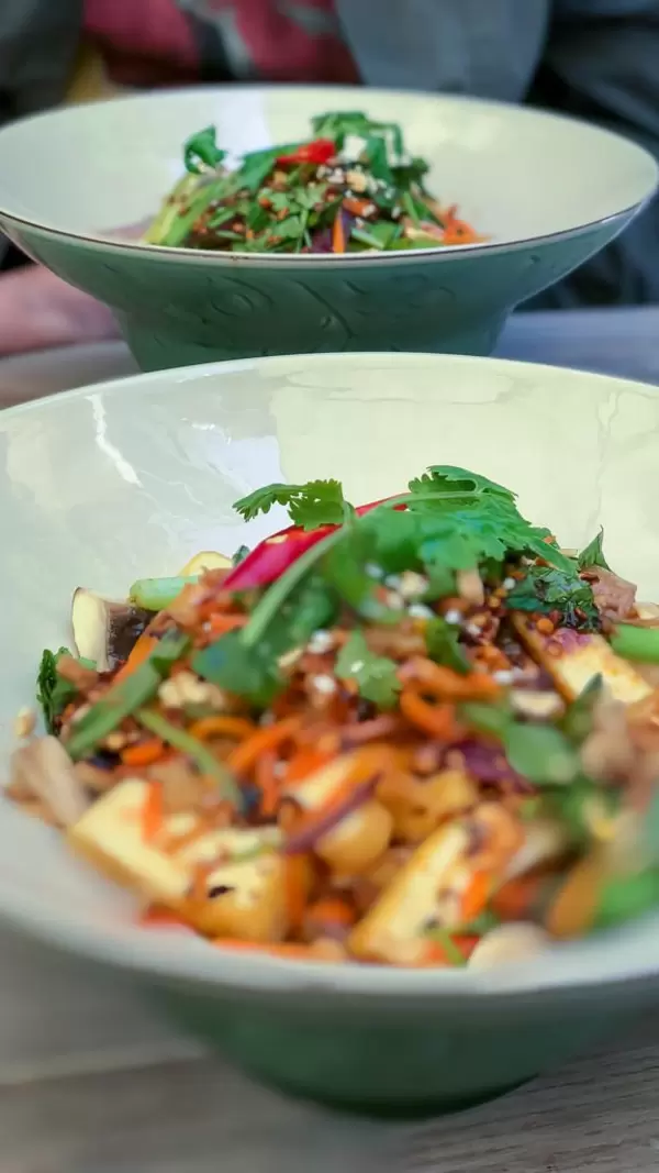 PHO XAO SOT ME: Organic tofu stripes roasted with ribbon noodles, onions, carrots, bush beans, shiitake mushrooms, in tamarind sauce, with sesame, peanuts, fried onions