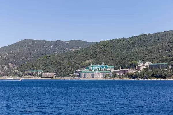 Photo of St. Panteleimon Monastery taken from a tour ship