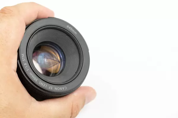 Photographic Canon Prime Lens 50mm f1.8 in the hand with copy space