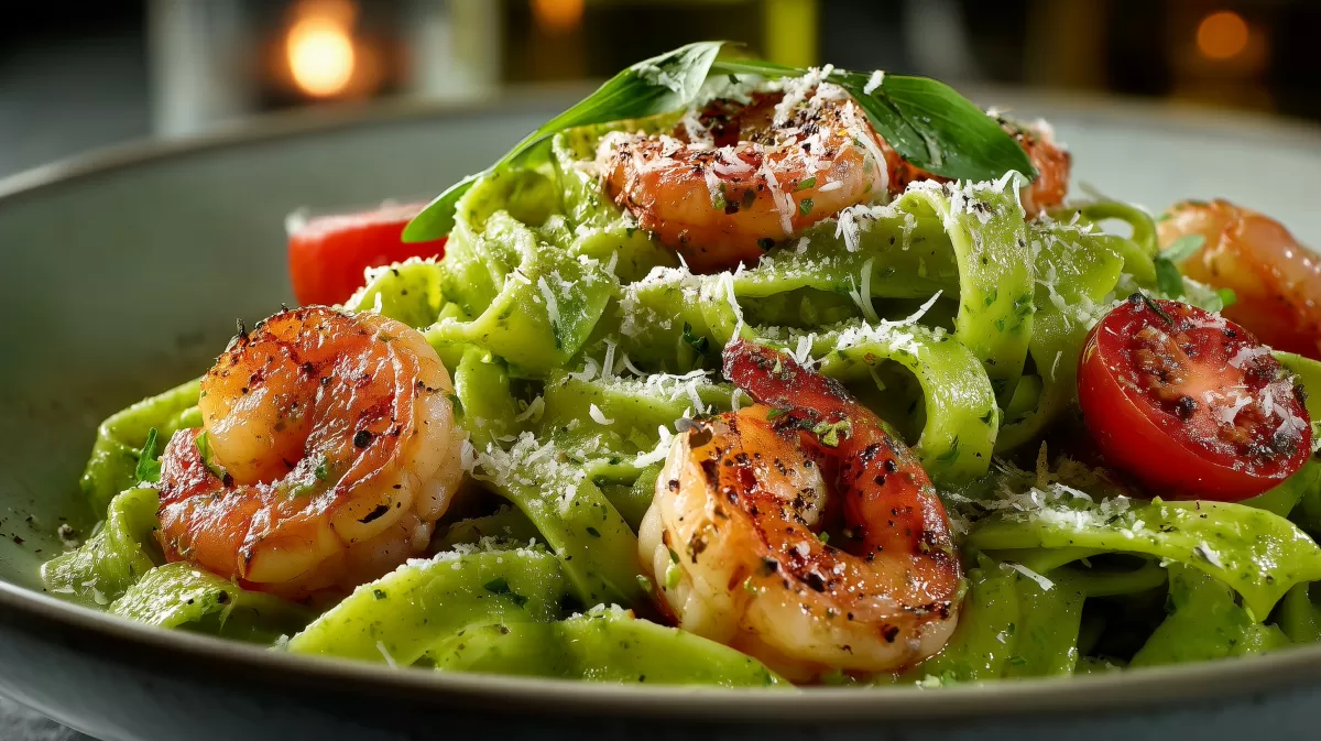 Photorealistische Bärlauch-Tagliatelle mit Garnelen