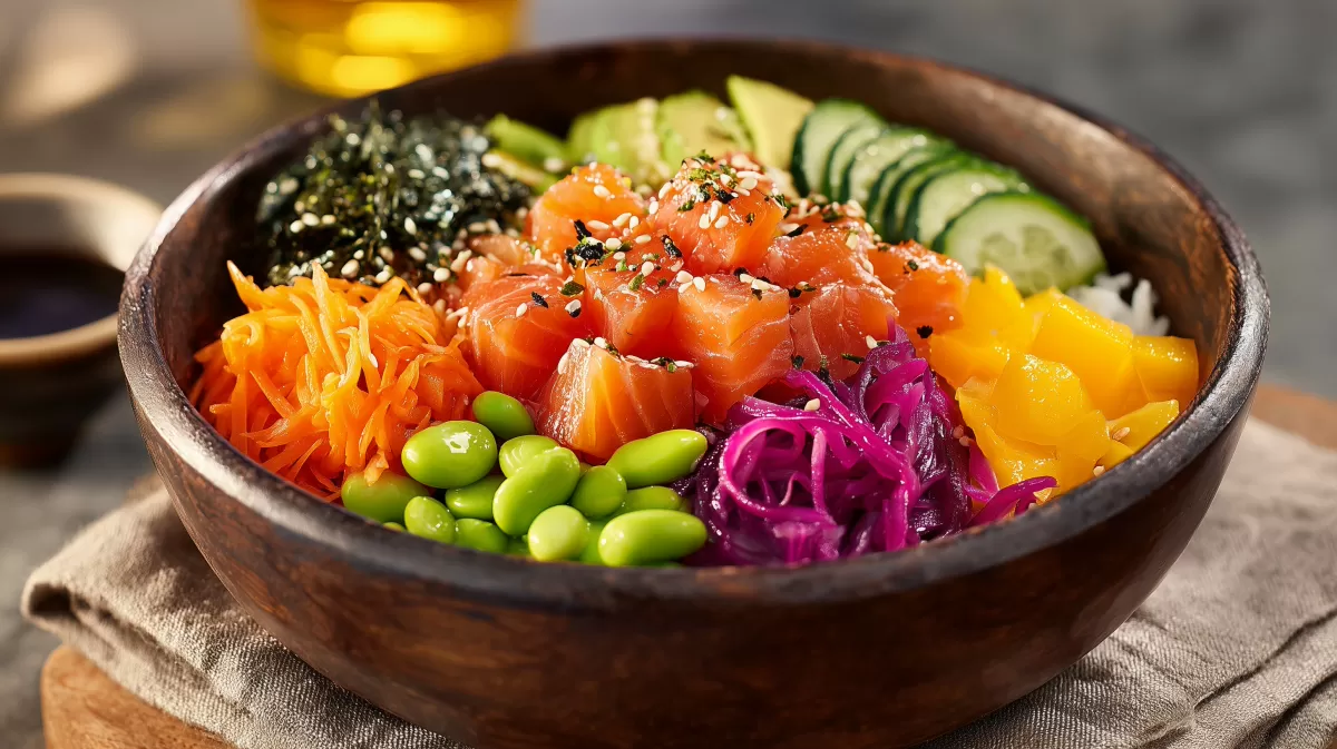 Photorealistischer Lachs-Poke Bowl mit Avocado