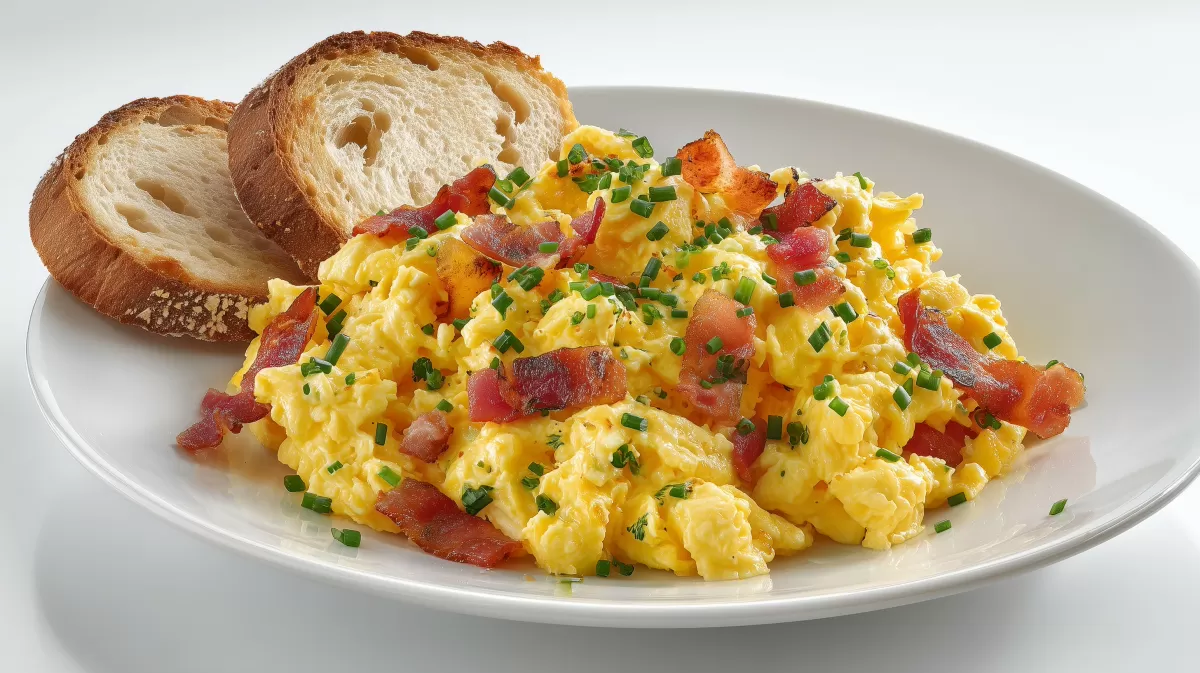 Photorealistisches Rührei mit Speck und Schnittlauch