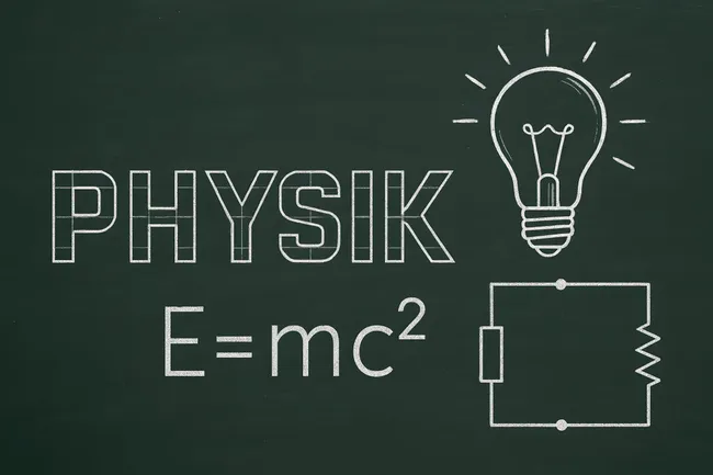 Physik-Tafel mit Formel und Glühbirne-Symbol