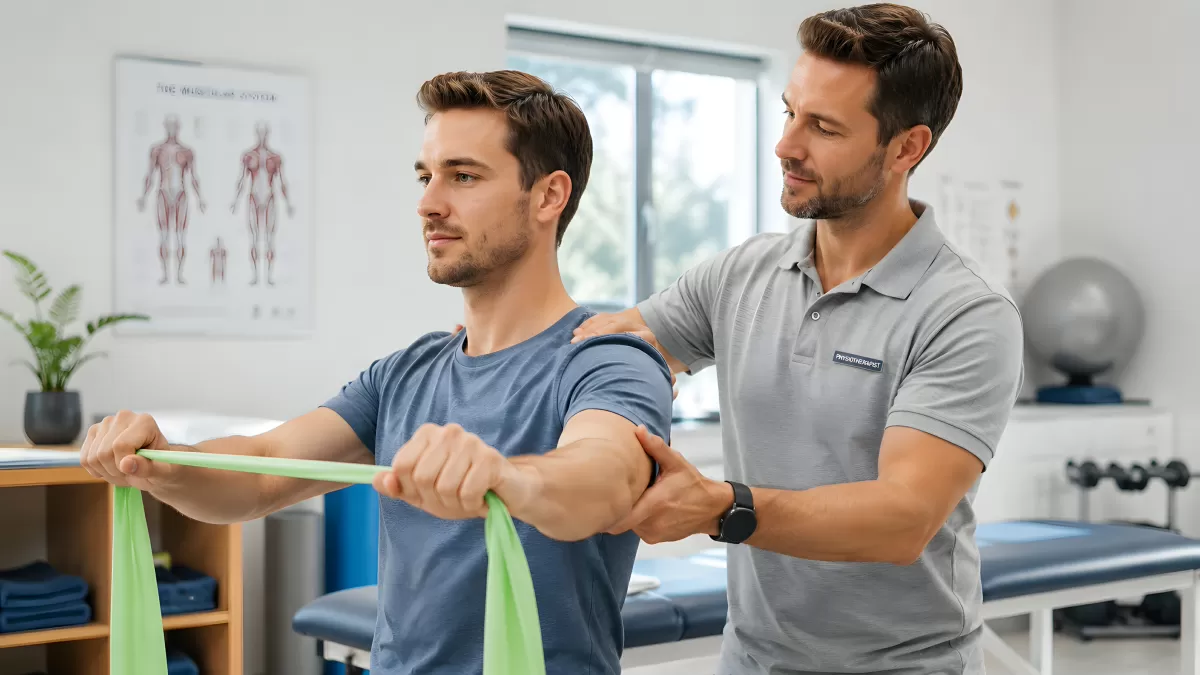 Physiotherapeut begleitet Patient bei Übung mit Widerstandsband